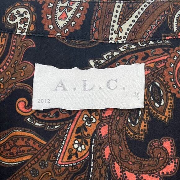 A.L.C. Racci Print Silk Blouse Sheer Long Sleeve Paisley Size Medium Brown Black - Picture 10 of 16